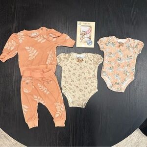 NWOT - Baby girl outfits bundle - FLOWER THEME - 0-3 and 3-6 + new paci holder